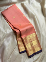 Load image into Gallery viewer, Classic Peach Rose &amp; Navy Blue 2gm Zari Elegance Kanchipuram Handloom Silk Saree SS24629
