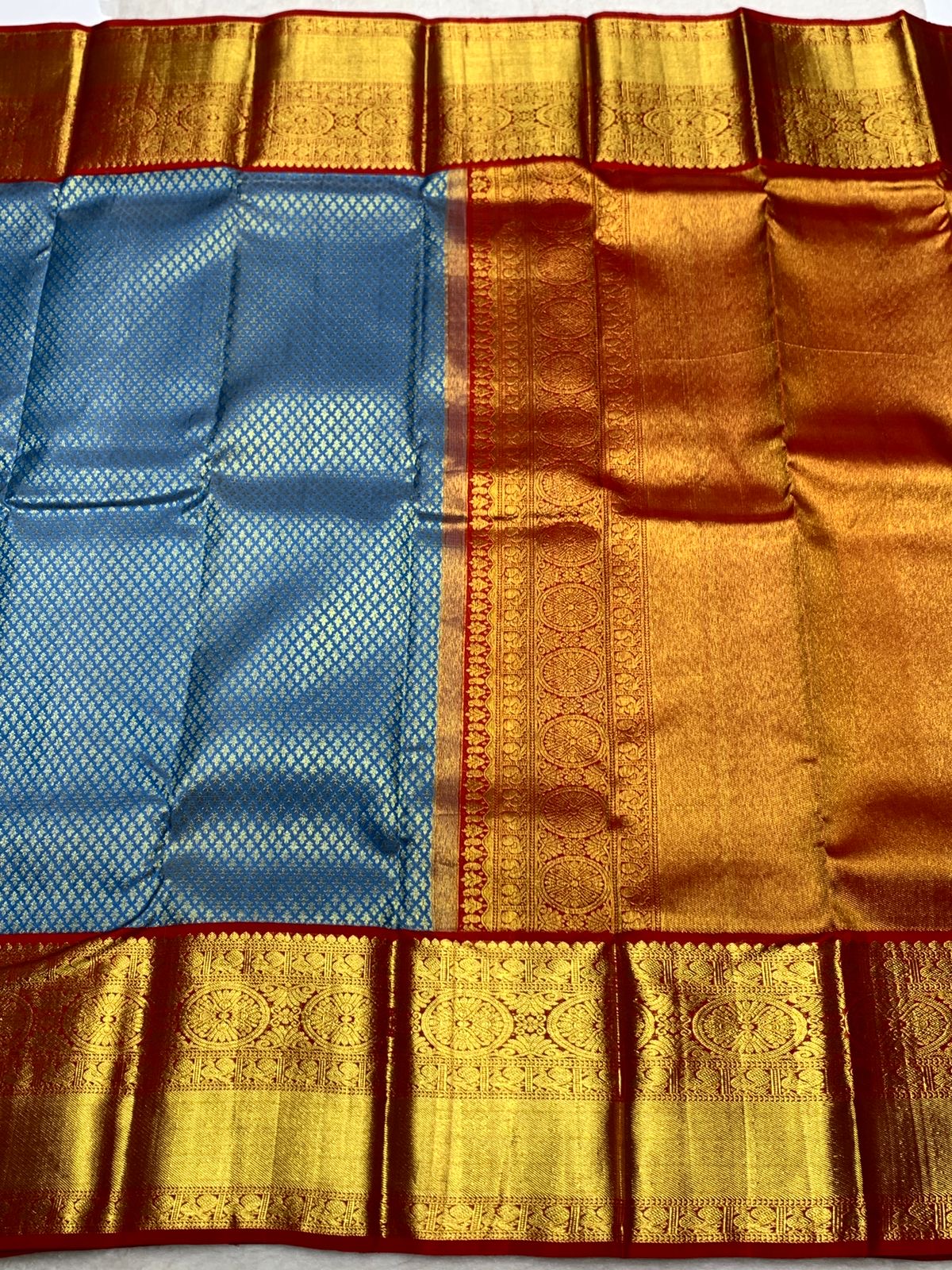 Classic Steel Blue & Brick Red 2gm Zari Bridal Elegance Kanchipuram Handloom Silk Saree SS25835