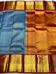 Classic Steel Blue & Brick Red 2gm Zari Bridal Elegance Kanchipuram Handloom Silk Saree SS25835