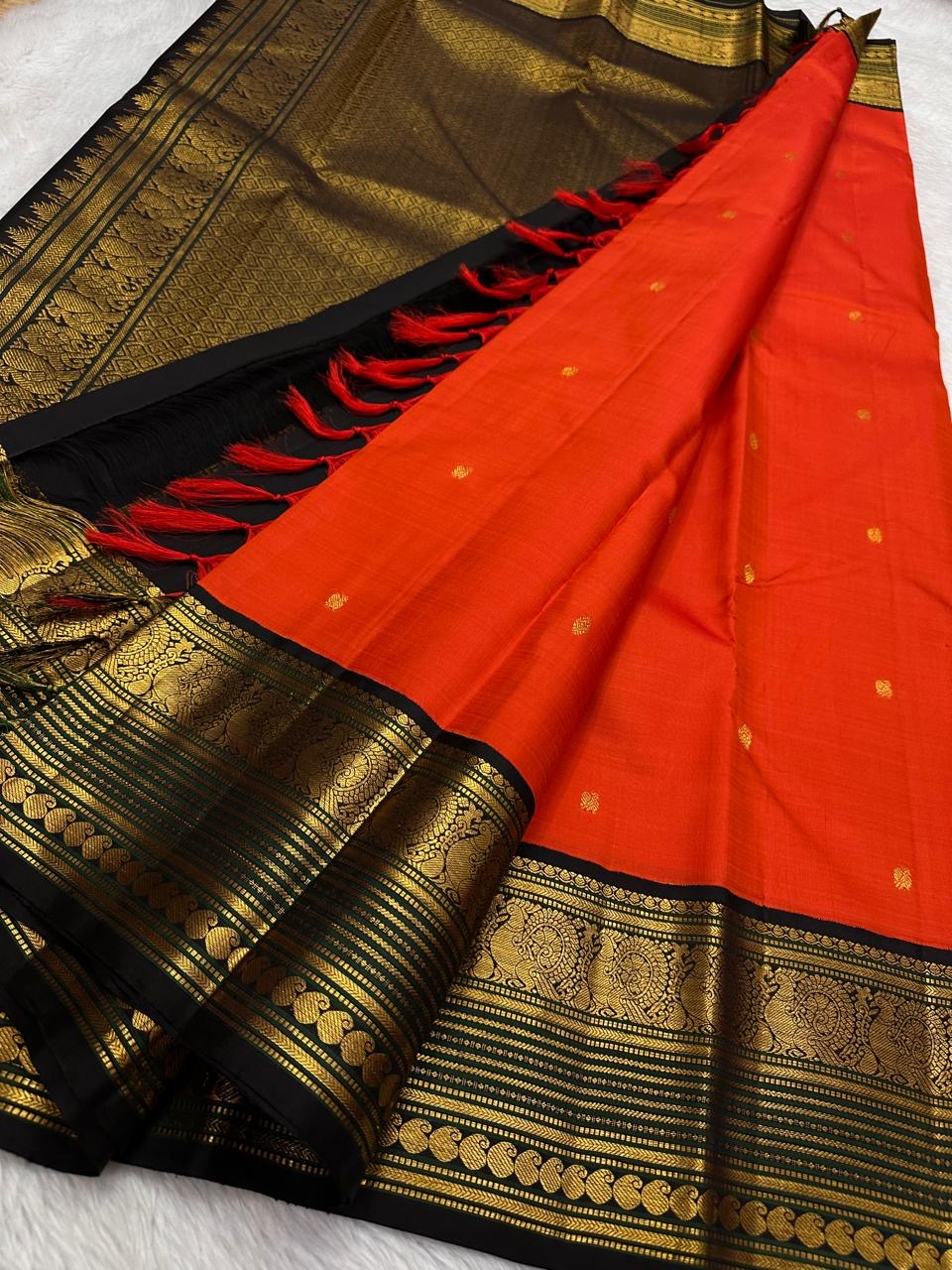 Classic Orange & Charcoal Black Bridal Elegance Kanchipuram Handloom Silk Saree SS21119