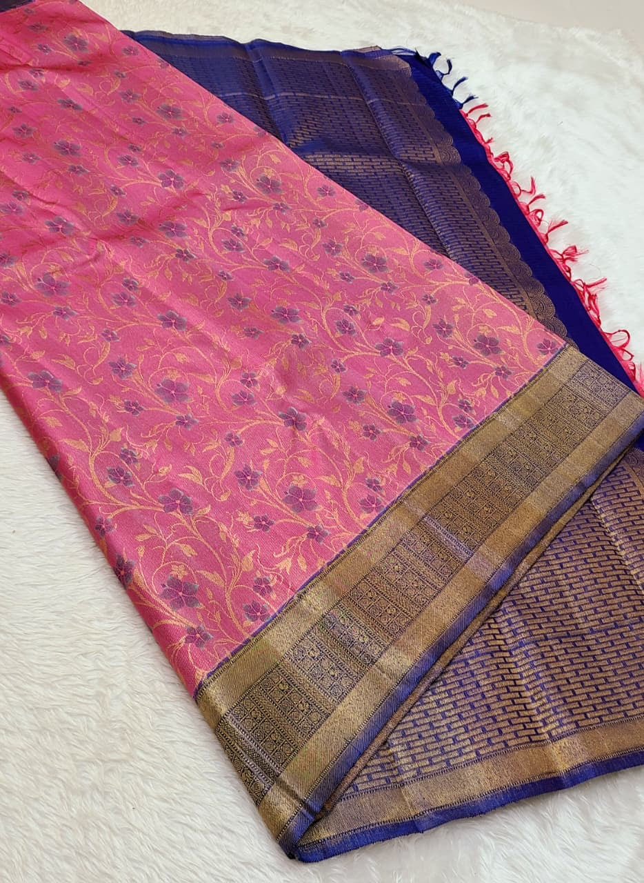 Classic Onion Pink & Royal Blue 2gm Zari Kanchipuram Handloom Silk Saree SS26362