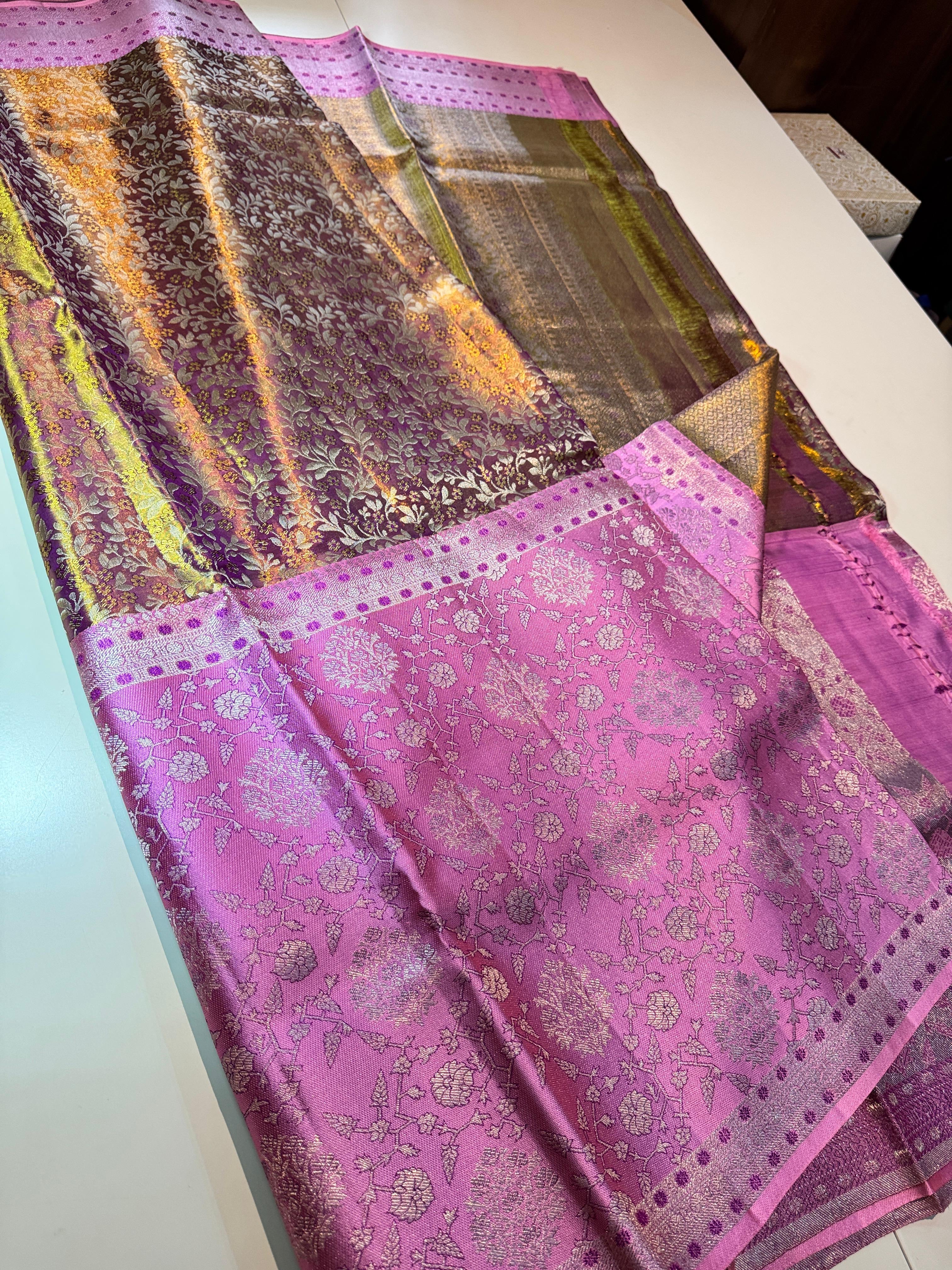 Classic Golden Vadamalli & Creamy Pink 4D Handmade Brocade Meenakari Designed Bridal Elegance Kanchipuram Handloom Silk Saree SS25405