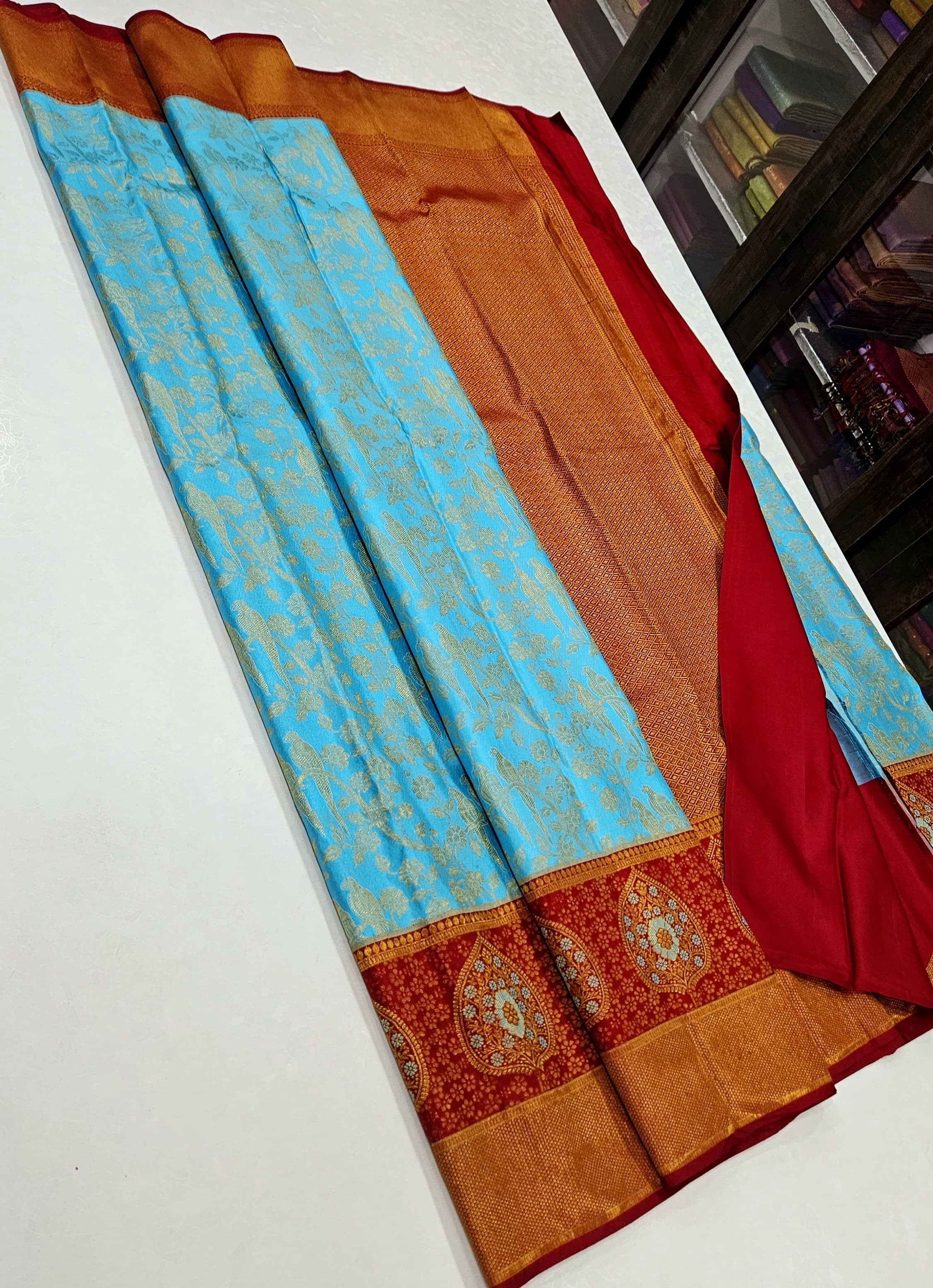Classic Sky Blue & Deep Red 1gm Zari Korvai Elegance Kanchipuram Handloom Silk Saree SS25185