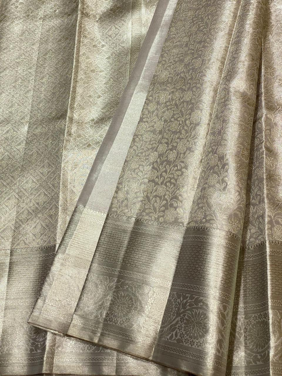 Classic Pastel Silver Grey 2gm Zari Bridal Designer Brocade Elegance Kanchipuram Tissue Handloom Silk Saree SS24207