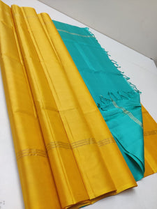 Classic Golden Yellow & Turquoise Elegance Plain Handloom Soft Silk Saree SS24081