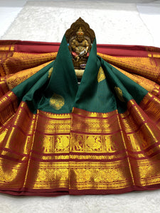 Classic Bottle Green & Brick Red 2gm Zari Bridal Elegance Kanchipuram Handloom Silk Saree SS25277