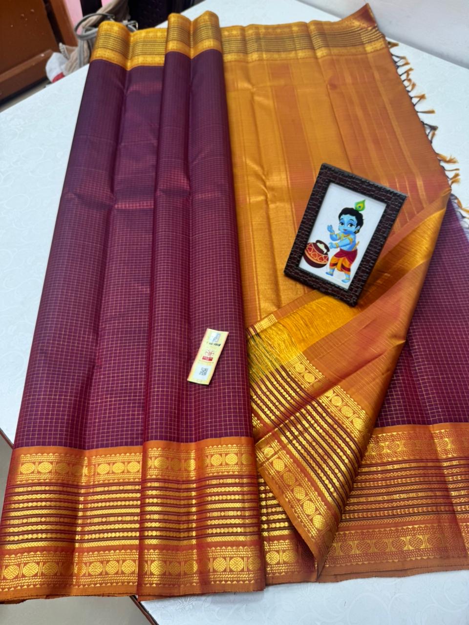 Classic Plum & Mustard Orange 2gm Zari Kanchipuram Handloom Silk Saree SS26454