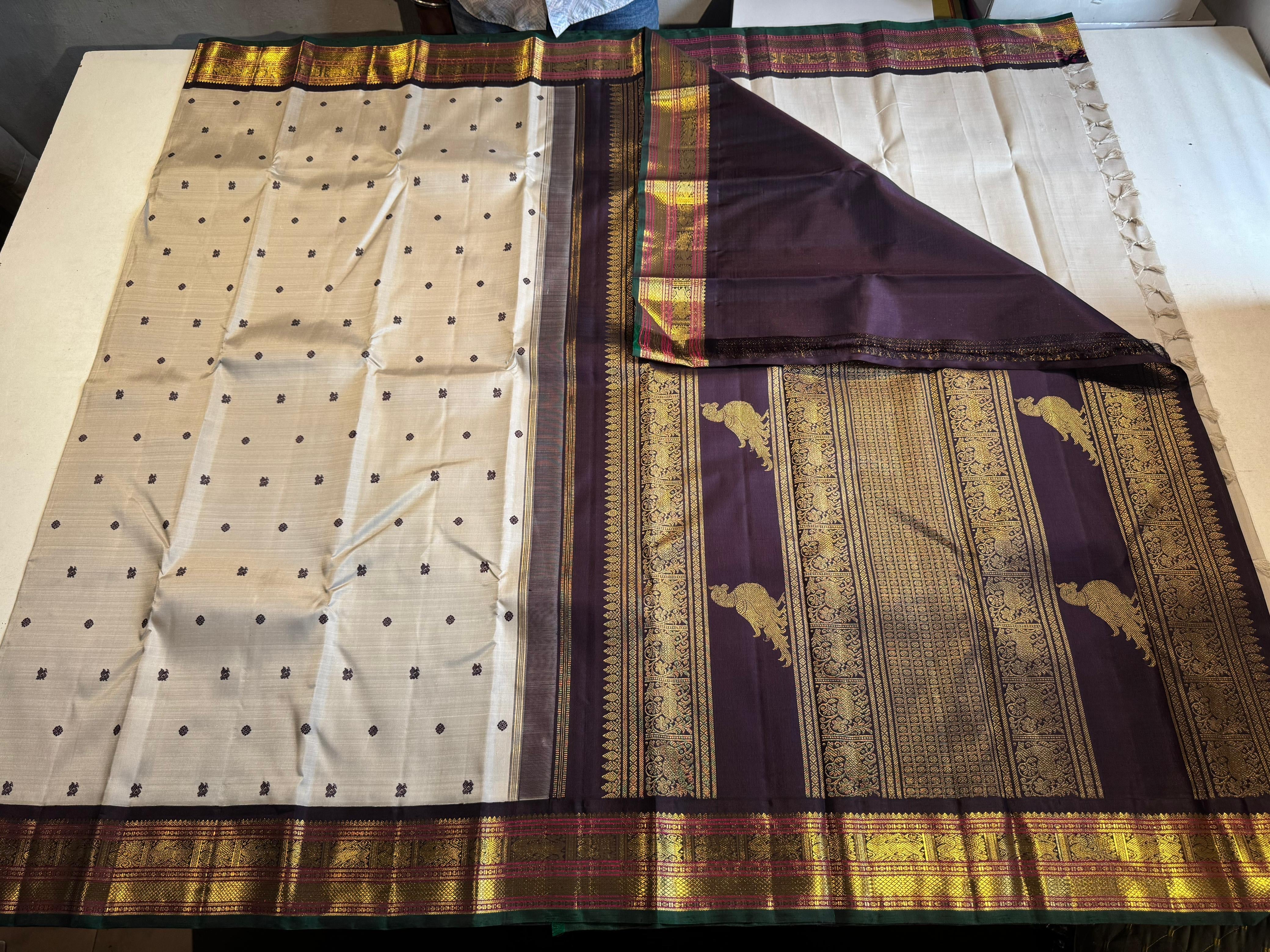 Classic Cream & Dark Coffee 3gm Zari Korvai Elegance Kanchipuram Handloom Silk Saree SS23662