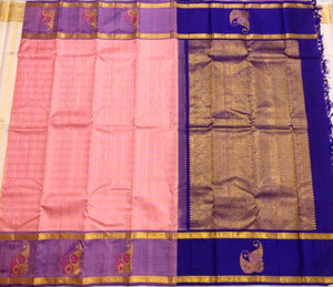 Classic Baby Pink & Royal Blue Elegance Kanchipuram Handloom Silk Saree SS25495