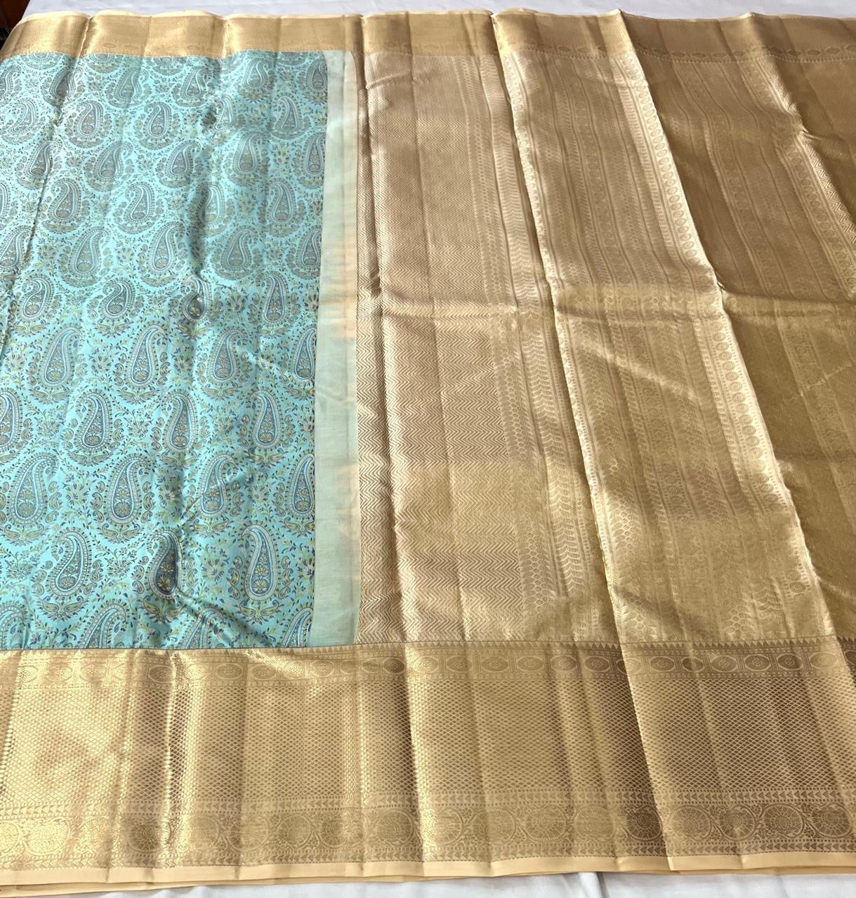 Classic Ice Blue & Beige 2gm Zari Elegance Kanchipuram Silk Saree SS23892