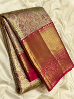 Load image into Gallery viewer, Classic Pastel Cocoa &amp; Chilli Red 2gm Zari Tissue Brocade Bridal Elegance Kanchipuram Handloom Silk Saree SS27093
