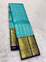 Load image into Gallery viewer, Classic Aqua Blue &amp; Navy Blue 2gm Zari Bridal Elegance Kanchipuram Handloom Silk Saree SS27508
