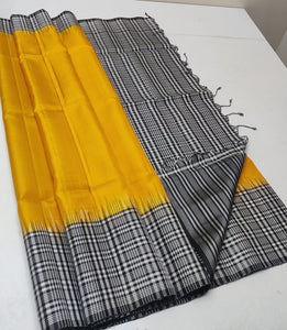 Classic Yellow & Black Check Lines Elegance Handloom Soft Silk Saree SS24685