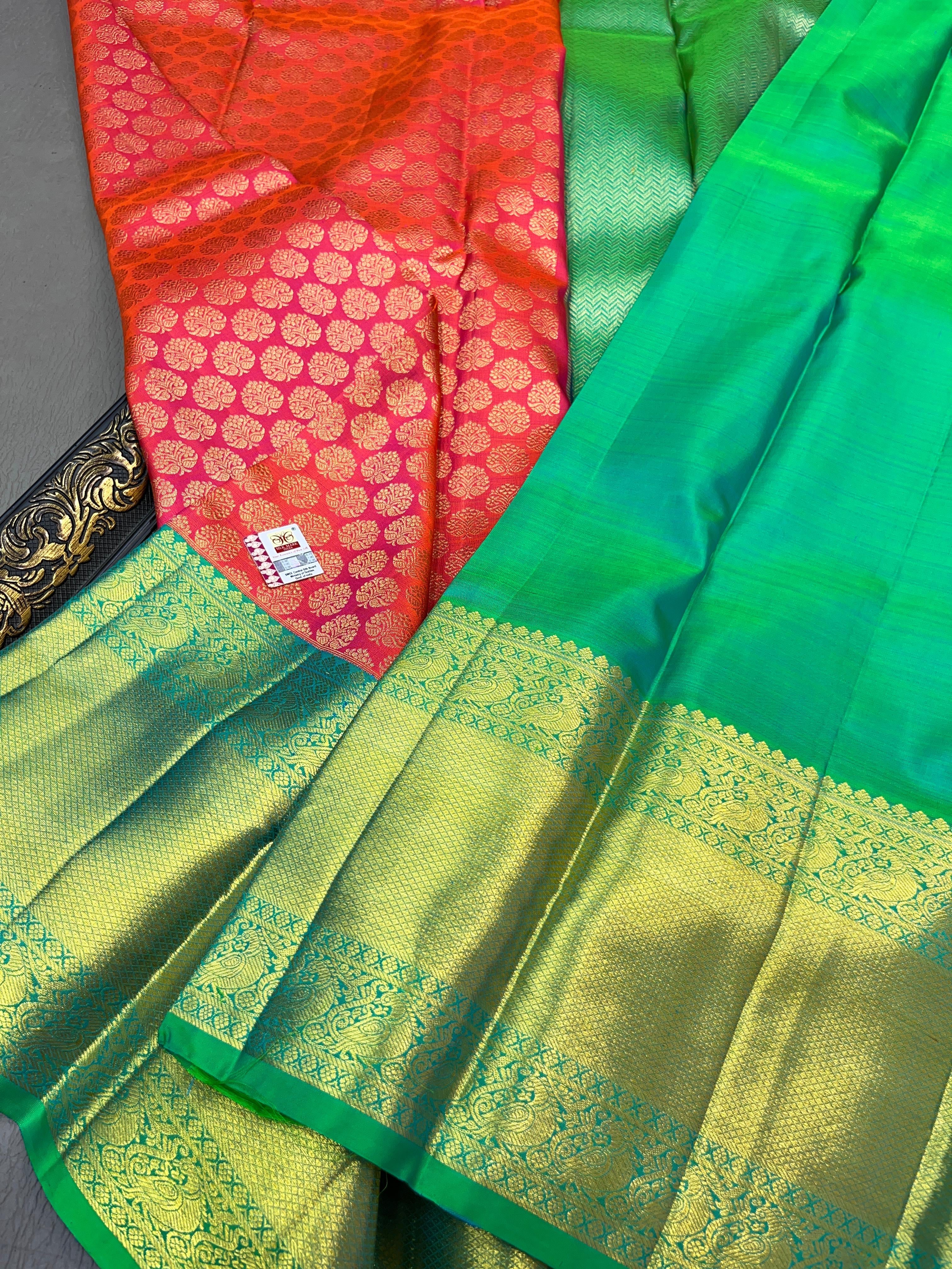 Classic Orange Rose & Sea Green Bridal Elegance Kanchipuram Handloom Silk Saree SS23597