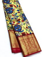 Load image into Gallery viewer, Classic Neon Yellow &amp; Chilly Red Kalamkari Digital Print Bridal Elegance Kanchipuram Handloom Silk Saree SS23911
