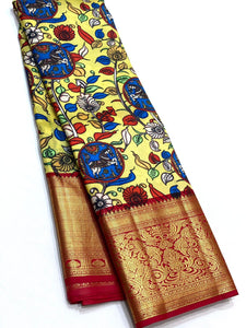 Classic Neon Yellow & Chilly Red Kalamkari Digital Print Bridal Elegance Kanchipuram Handloom Silk Saree SS23911