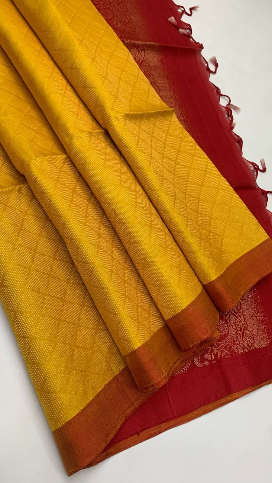 Classic Sunny Yellow & Brick Red Elegance Handloom Soft Silk Saree SS24310