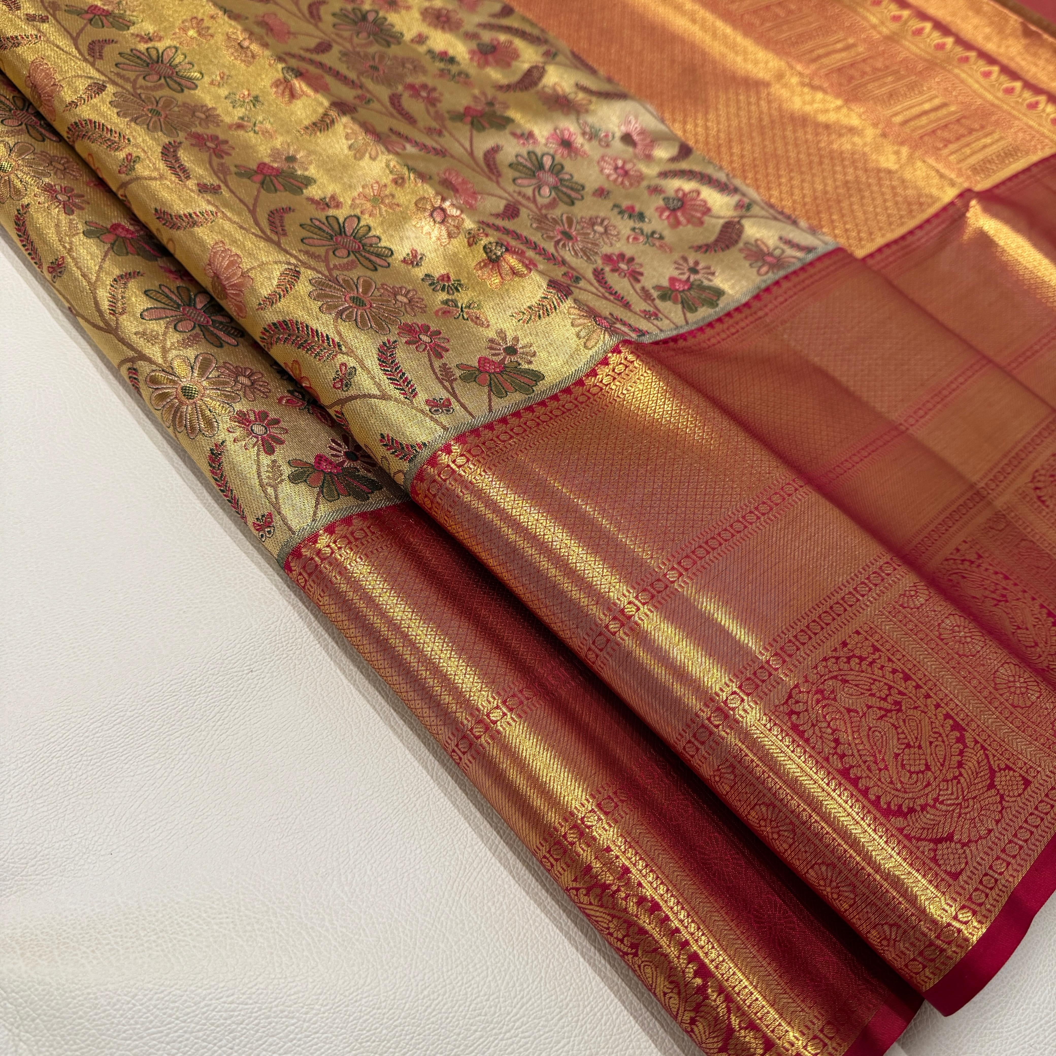 Classic Golden Cream & Maroon Korvai 1gm Zari Bridal Elegance Kanchipuram Tissue Handloom Silk Saree SS26299