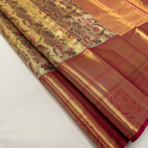 Classic Golden Cream & Maroon Korvai 1gm Zari Bridal Elegance Kanchipuram Tissue Handloom Silk Saree SS26299