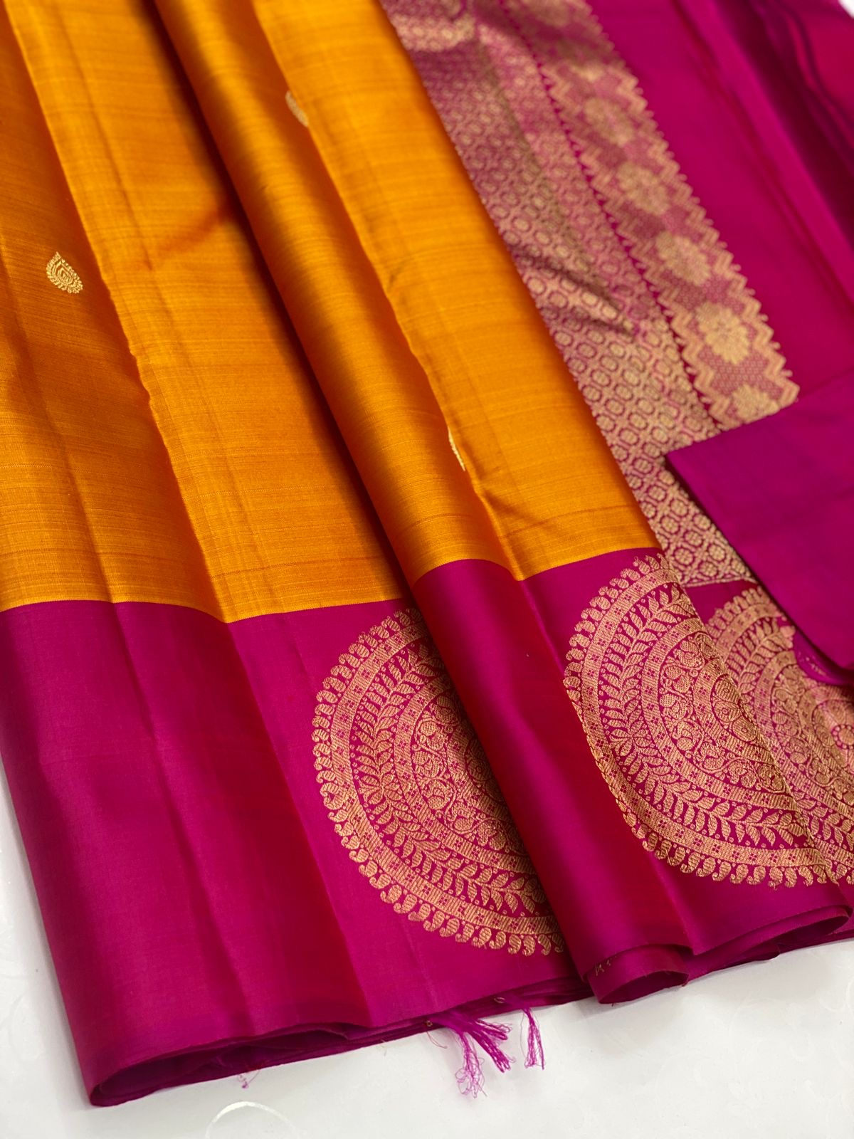 Classic Golden Orange & Deep Pink 1gm Zari Elegance Kanjivaram Handloom Silk Saree SS22949