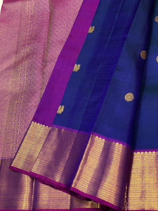 Classic Navy Blue & Wine Fuchsia 2gm Zari Elegance Kanchipuram Handloom Silk Saree SS24699