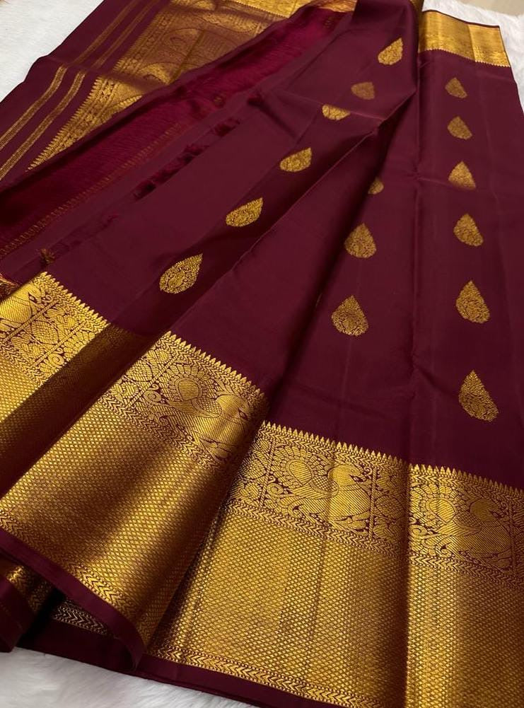 Dark Cherry Red Double Shaded 2gm Zari Bridal Elegance Kanchipuram Handloom Silk Saree SS23653