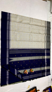 Classic Silver Grey & Navy Blue Kanchipuram Handloom Silk Saree SS26259