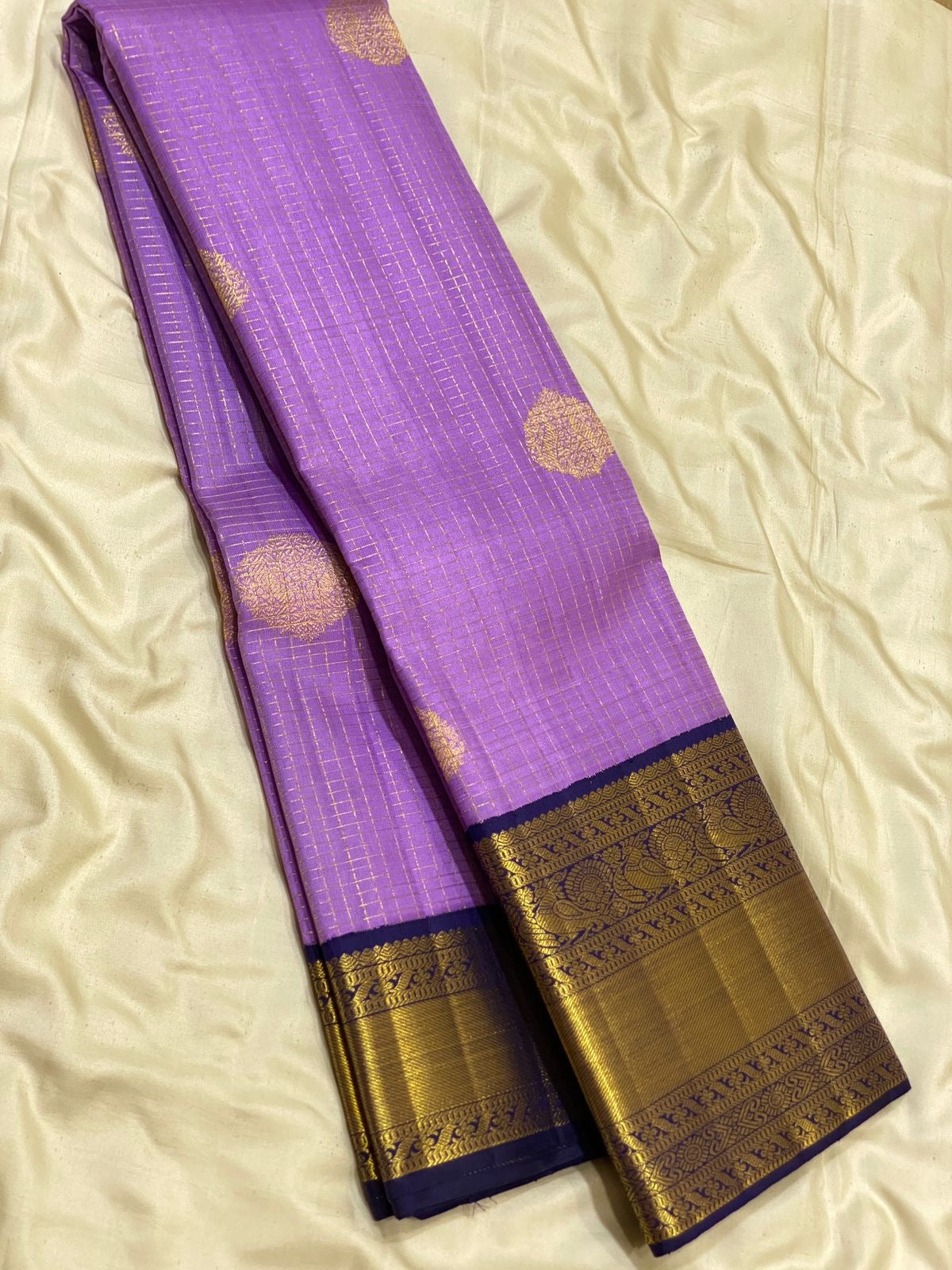 Classic Lavender & Navy Blue 2gm Zari Vaira Oosi Checks Butta Kanchipuram Handloom Silk Saree SS26319