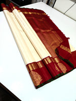 Load image into Gallery viewer, Classic Butter Cream &amp; Dark Pink 2gm Zari Kanchipuram Handloom Silk Saree SS26884
