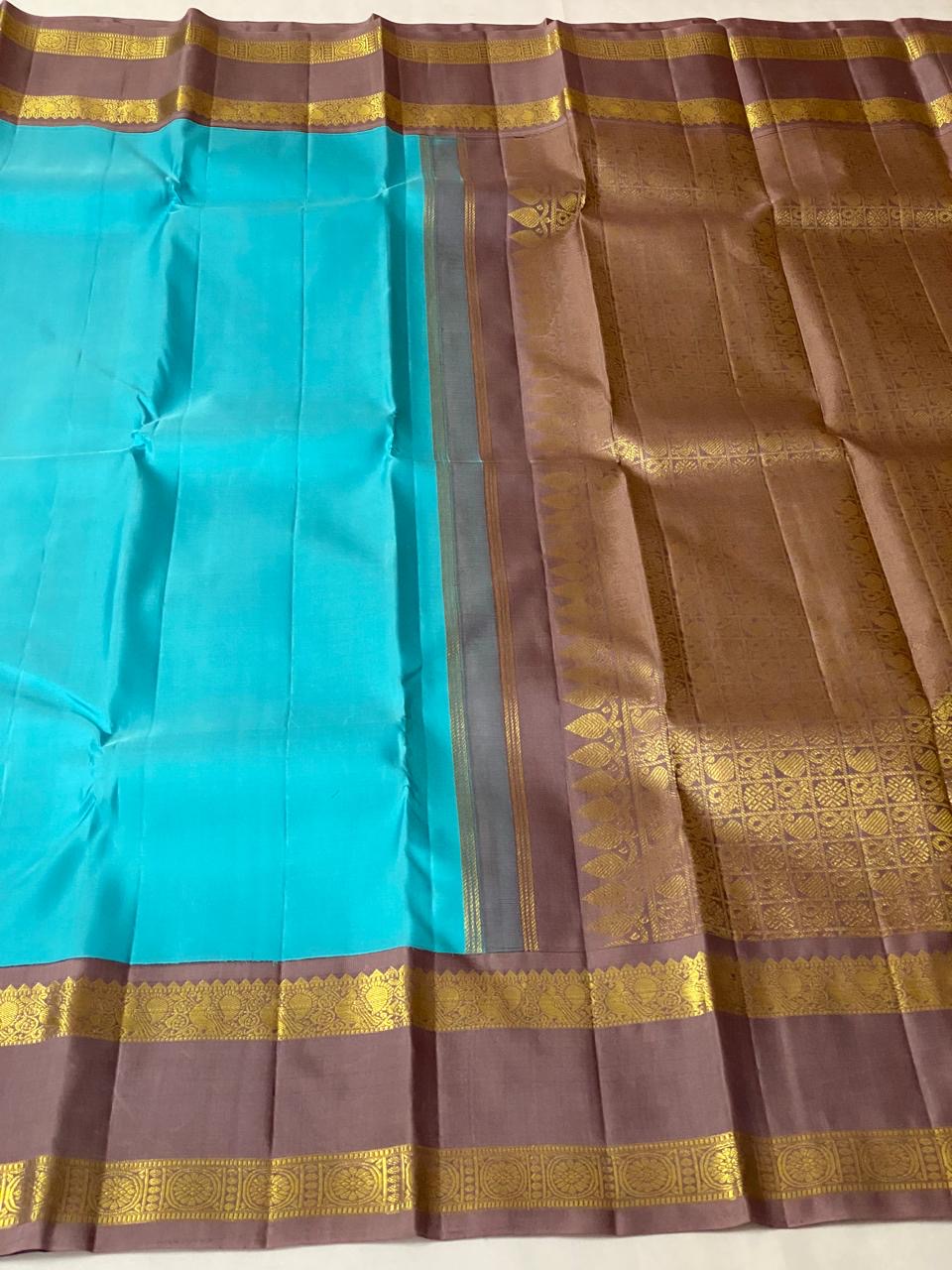 Cerulean Blue & Creamy Cocoa 2gm Zari Elegance Kanchipuram Handloom Silk Saree SS20556