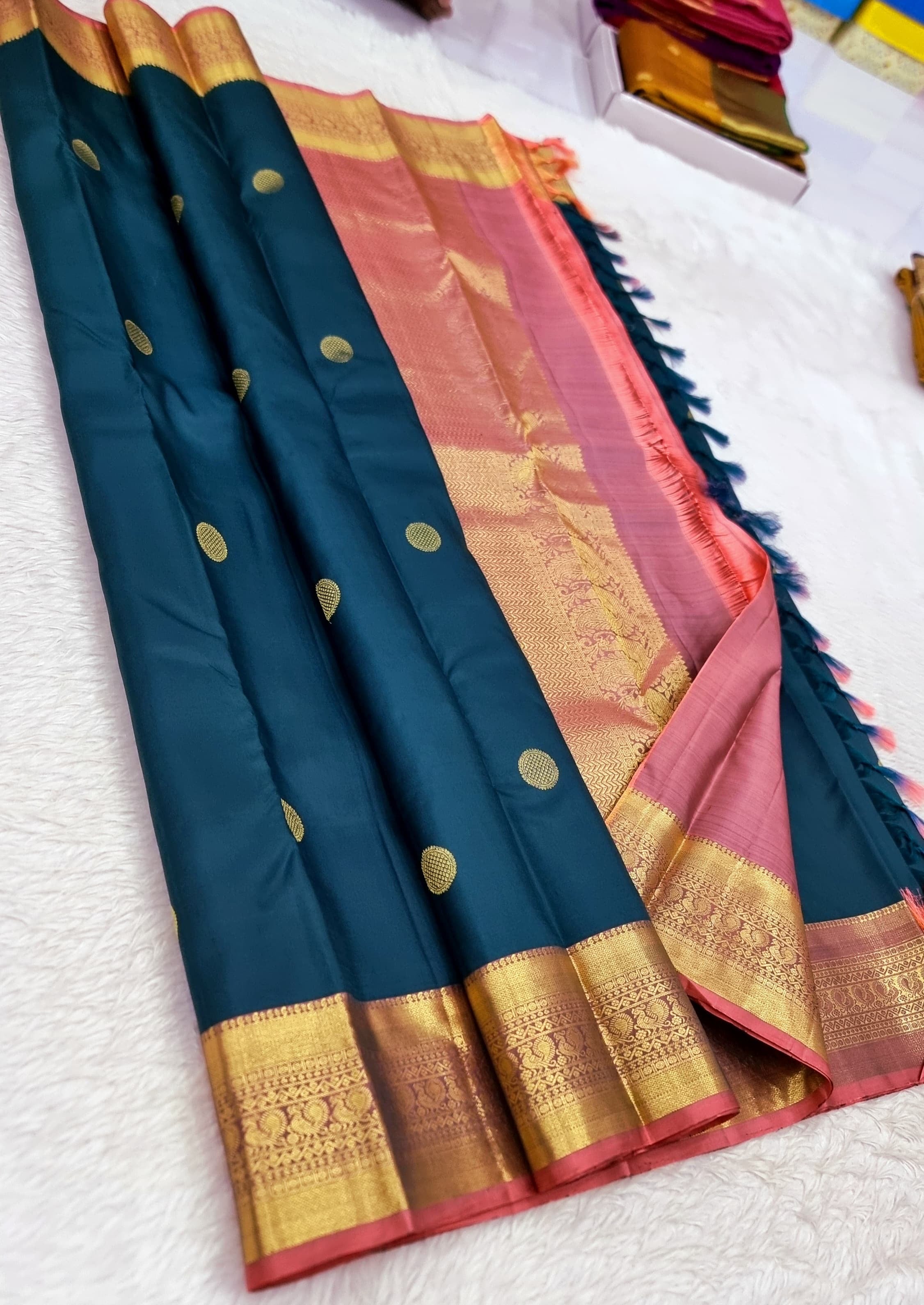 Classic Teal Blue & Pink Mauve 1gm Zari Kanchipuram Handloom Silk Saree SS25785
