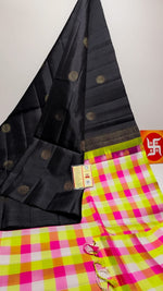 Load image into Gallery viewer, Classic Charcoal Black &amp; Yellow Checks Elegance Handloom Soft Silk Saree SS26347

