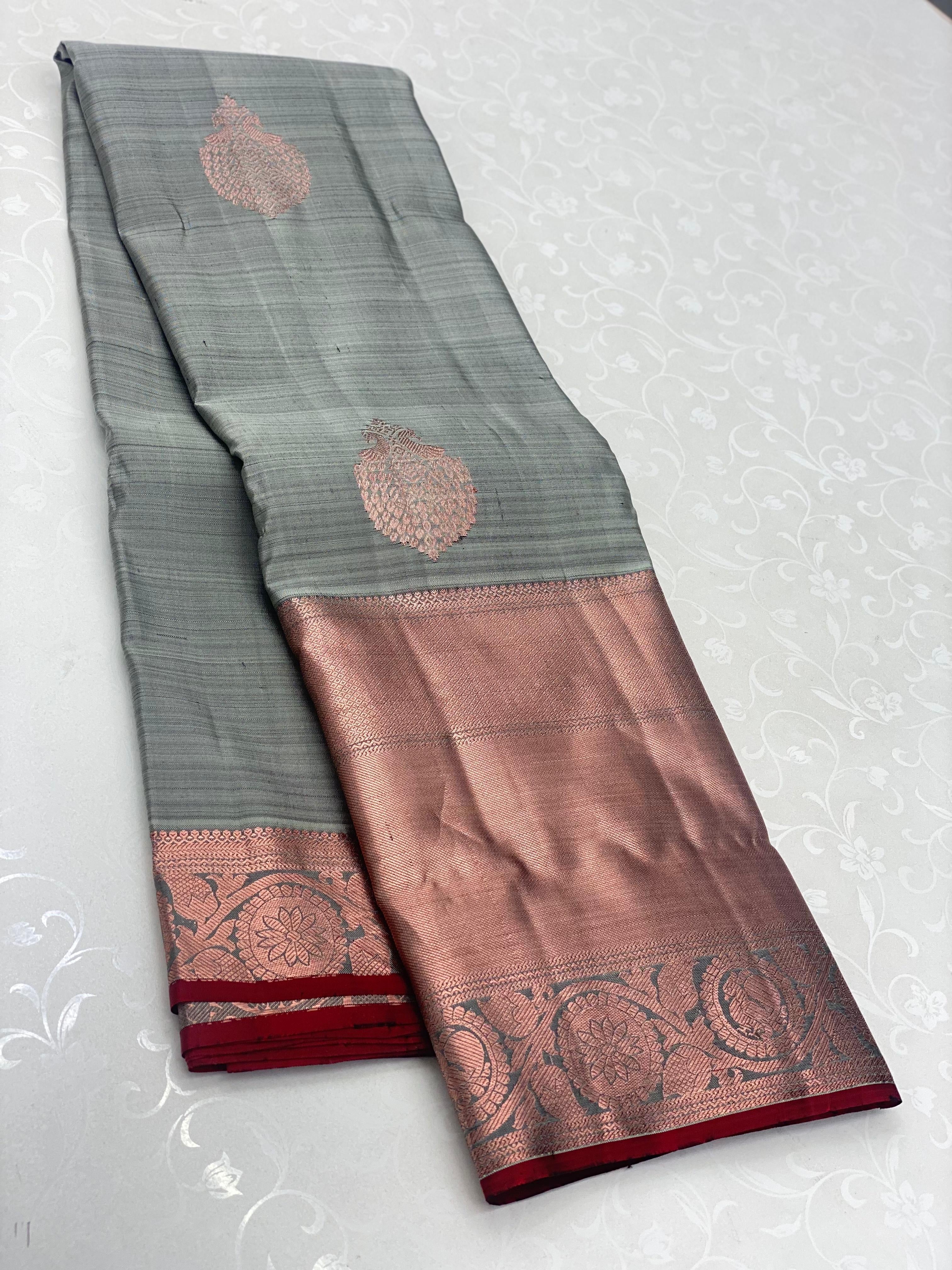 Classic Cement Grey & Brick Red 1gm Zari Elegance Kanchipuram Handloom Silk Saree SS25344