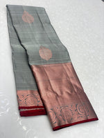 Load image into Gallery viewer, Classic Cement Grey &amp; Brick Red 1gm Zari Elegance Kanchipuram Handloom Silk Saree SS25344

