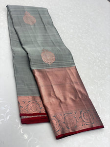 Classic Cement Grey & Brick Red 1gm Zari Elegance Kanchipuram Handloom Silk Saree SS25344