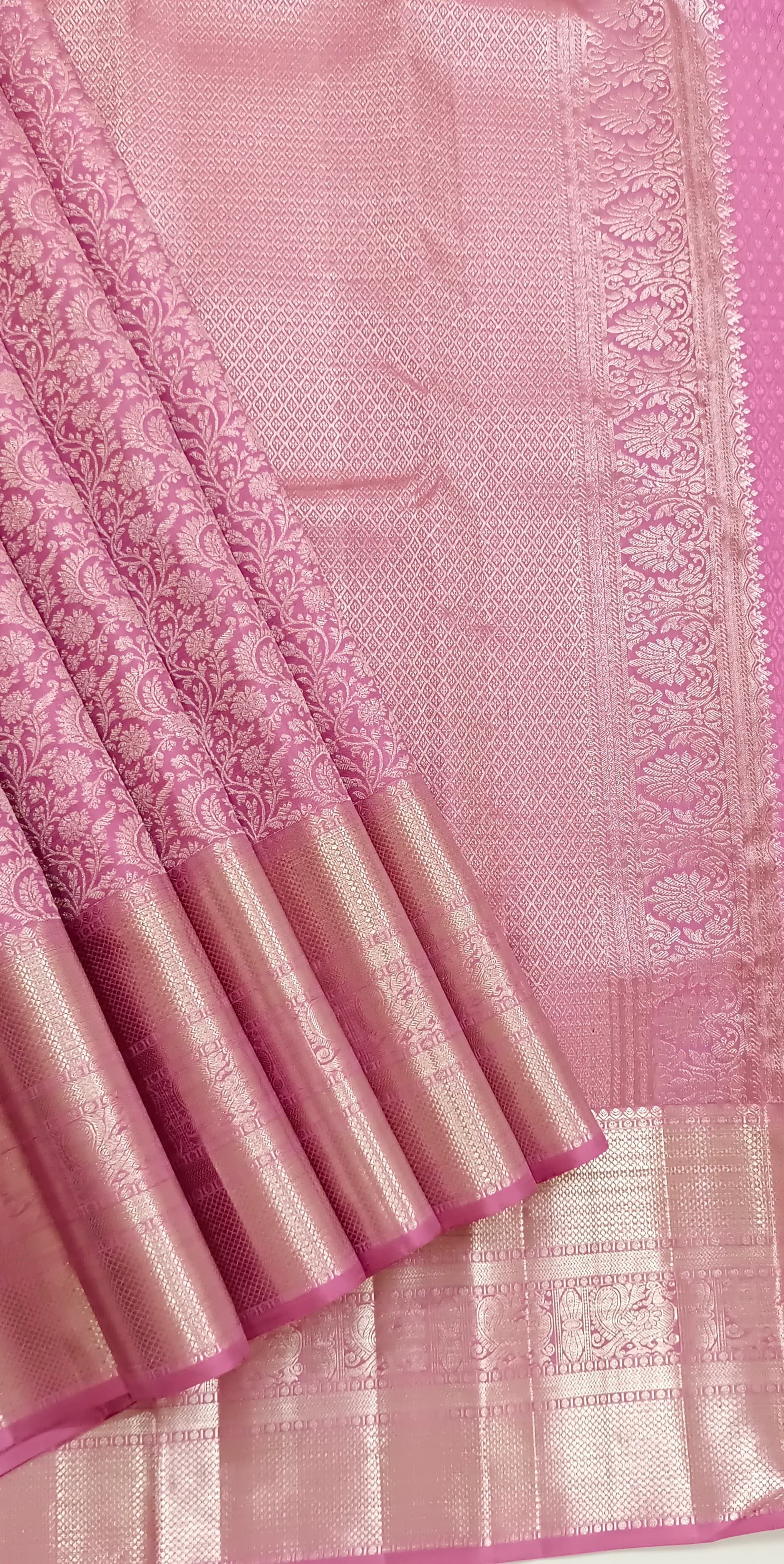 Classic Pastel Pink Silver Zari Elegance Kanchipuram Handloom Silk Saree SS24241