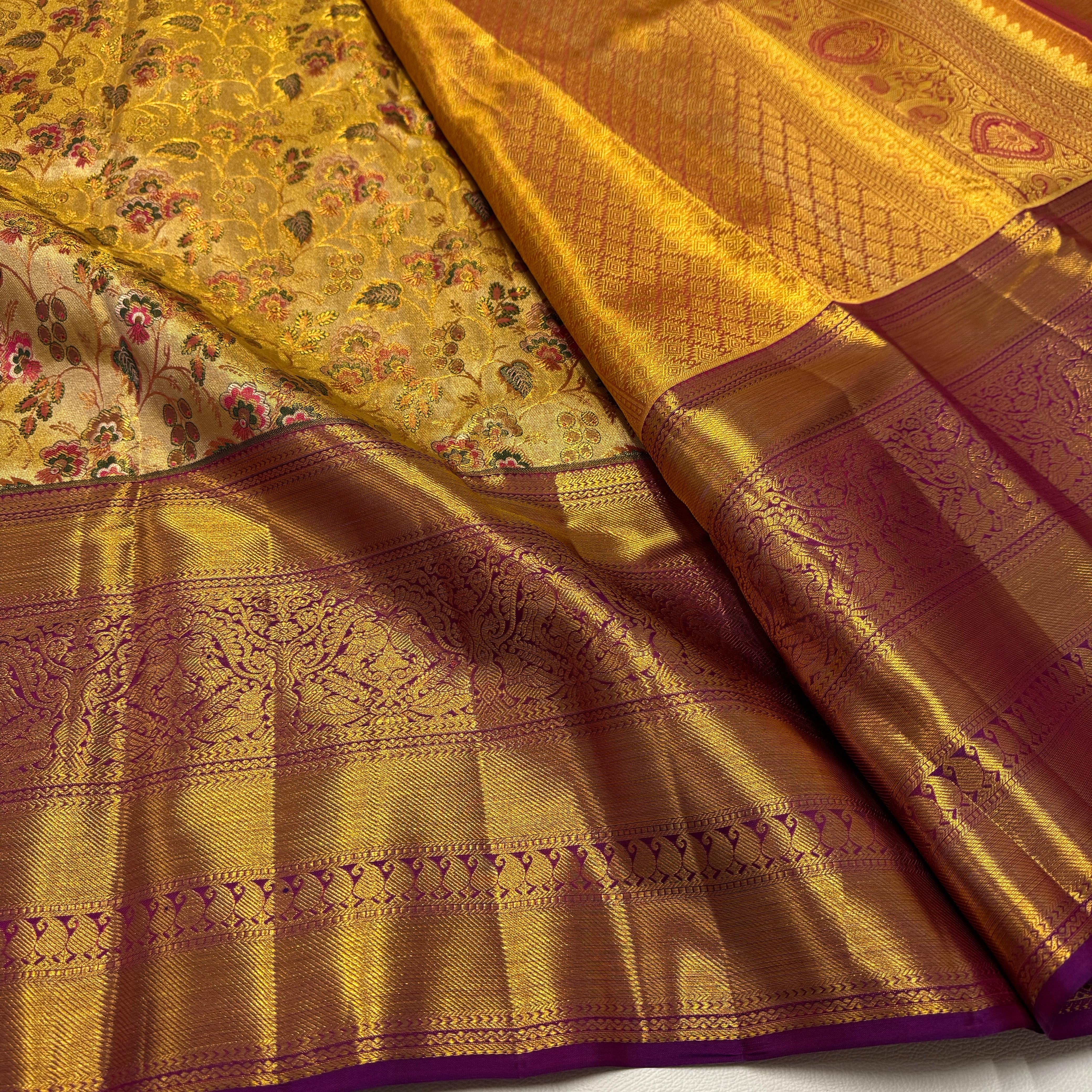 Classic Gold & Vadamalli Purple Korvai Border 1gm Zari Meena Floral Bridal Elegance Kanchipuram Tissue Handloom Silk Saree SS25353