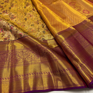 Classic Gold & Vadamalli Purple Korvai Border 1gm Zari Meena Floral Bridal Elegance Kanchipuram Tissue Handloom Silk Saree SS25353