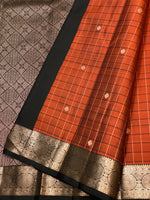 Load image into Gallery viewer, Classic Burnt Orange &amp; Shadow Black 2gm Zari checks Elegance Kanchipuram Handloom Silk Saree SS25379
