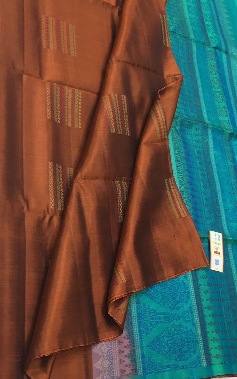 Classic Brown & Azure Blue Elegance Handloom Soft Silk Saree SS26483