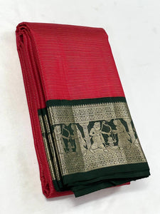 Classic Crimson Red & Bottle Green 2gm Zari Elegance Kanchipuram Handloom Silk Saree SS25228
