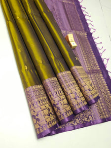 Classic Olive Green & Violet Double Warp Handloom Soft Silk Saree SS23021