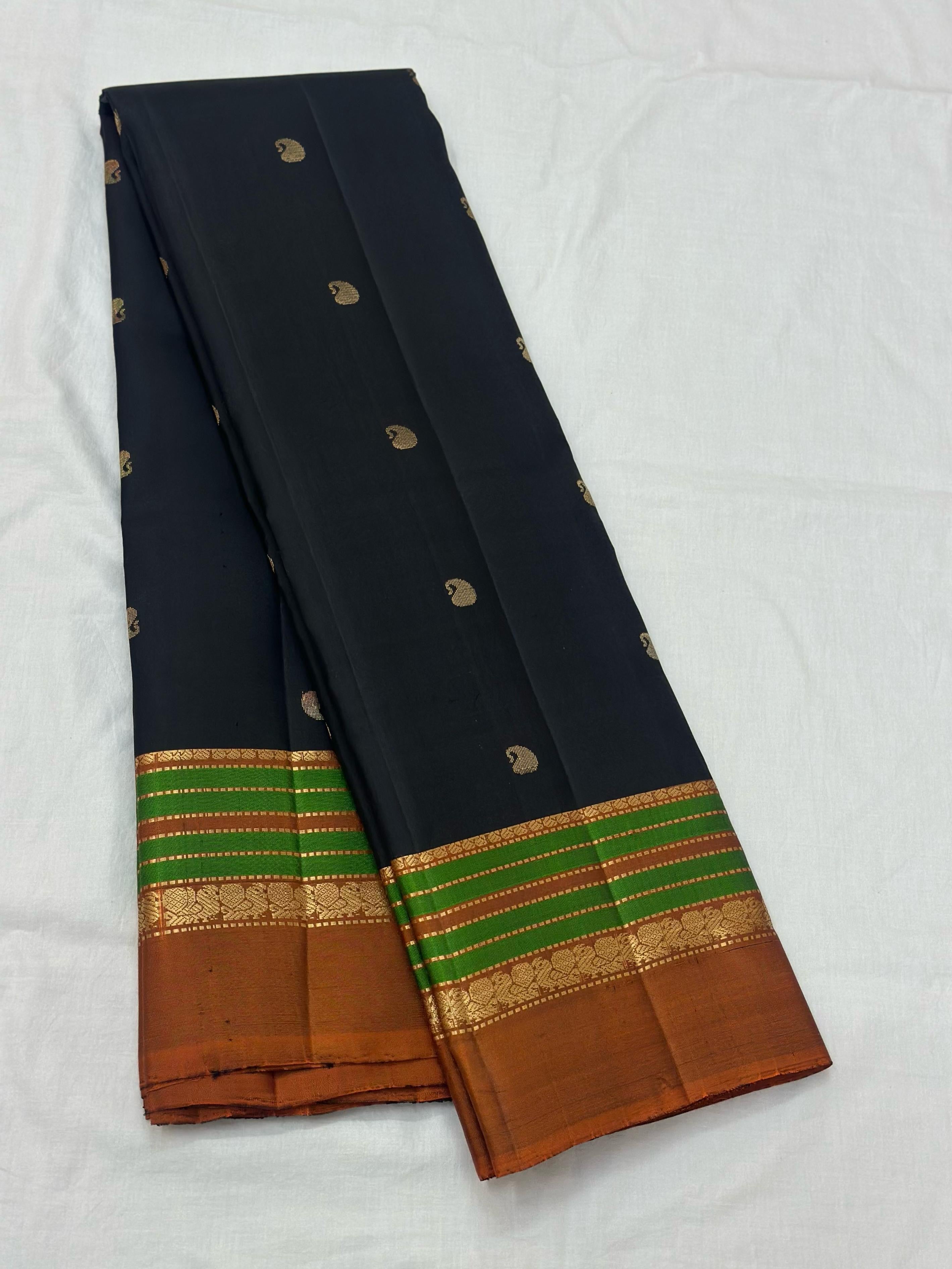 Classic Charcoal Black & Mustard 1gm Zari Elegance Kanchipuram Handloom Silk Saree SS24772