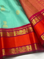 Load image into Gallery viewer, Classic Sea Green &amp; Orange 2gm Zari Elegance Kanchipuram Handloom Silk Saree SS28588
