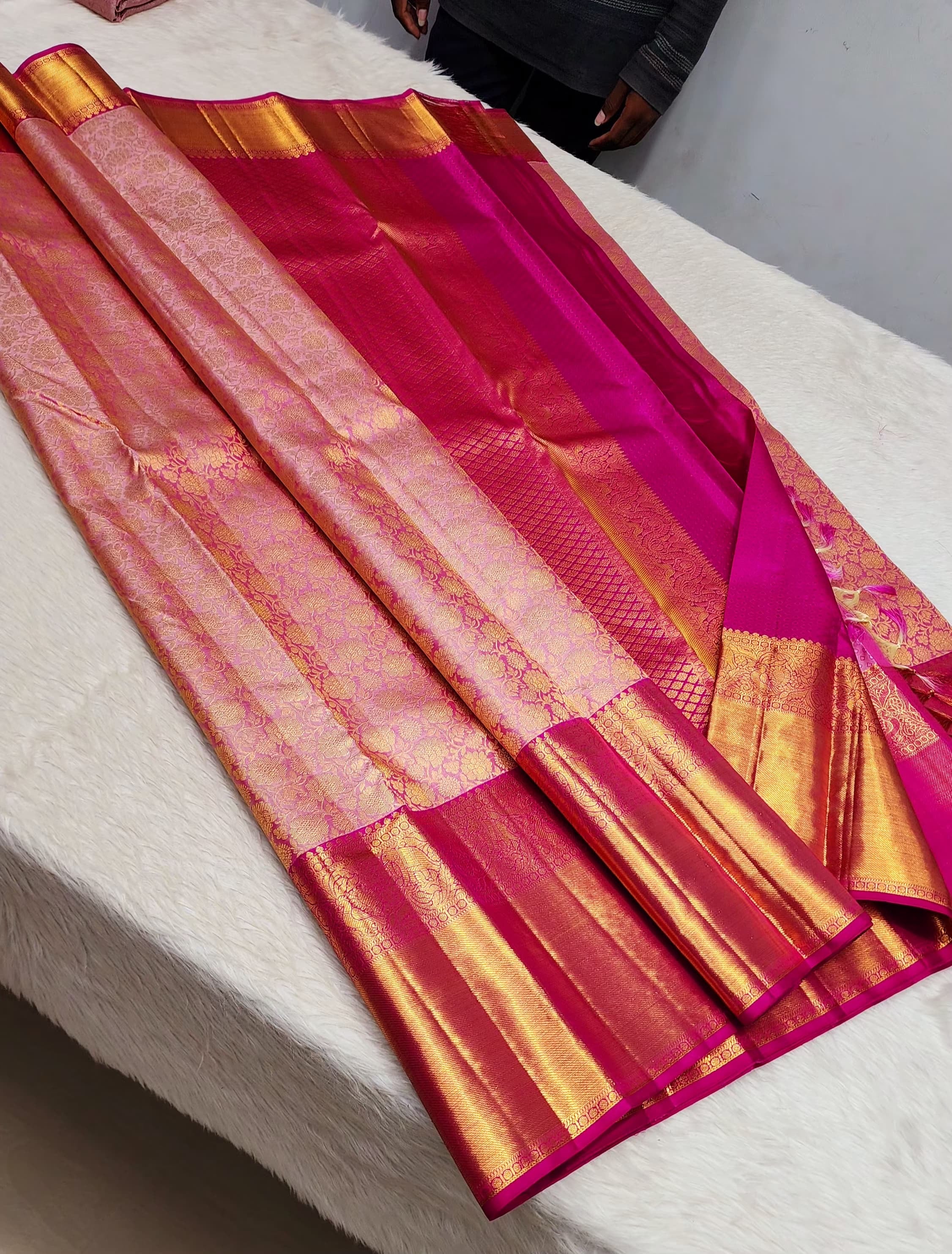 Classic Pastel Rose Dark Pink 2gm Zari Brocade Tissue Bridal Elegance Kanchipuram Handloom Silk Saree SS25213