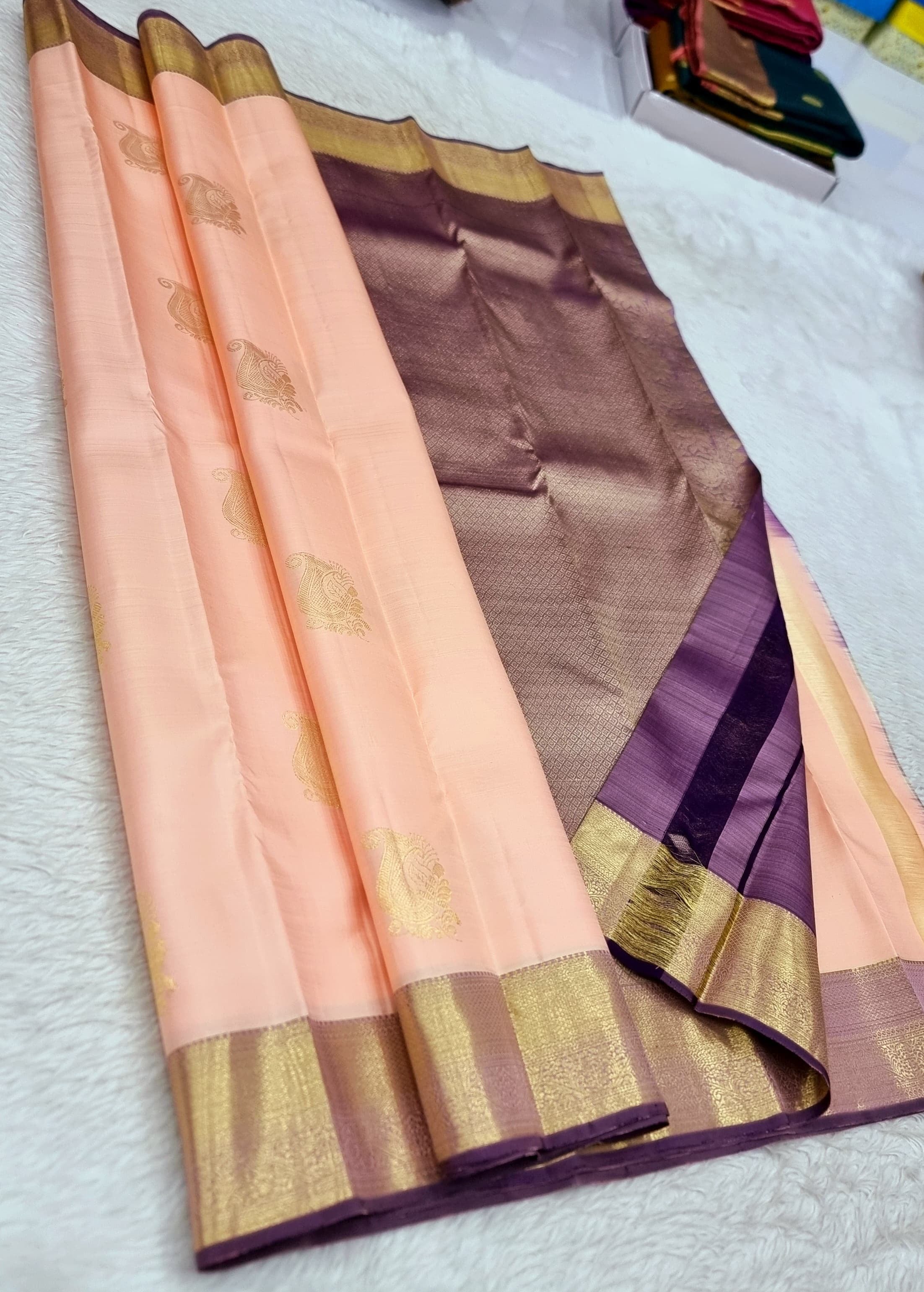 Classic Peach & Mauve 1gm Zari Kanchipuram Handloom Silk Saree SS25782