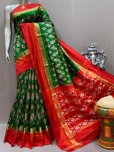 Classic Dark Green & Orange Ikkat Elegance Handloom Soft Silk Saree SS23135