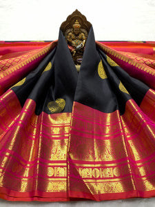 Classic Charcoal Black & Brick Reddish Pink 2gm Zari Kanchipuram Handloom Silk Saree SS25825