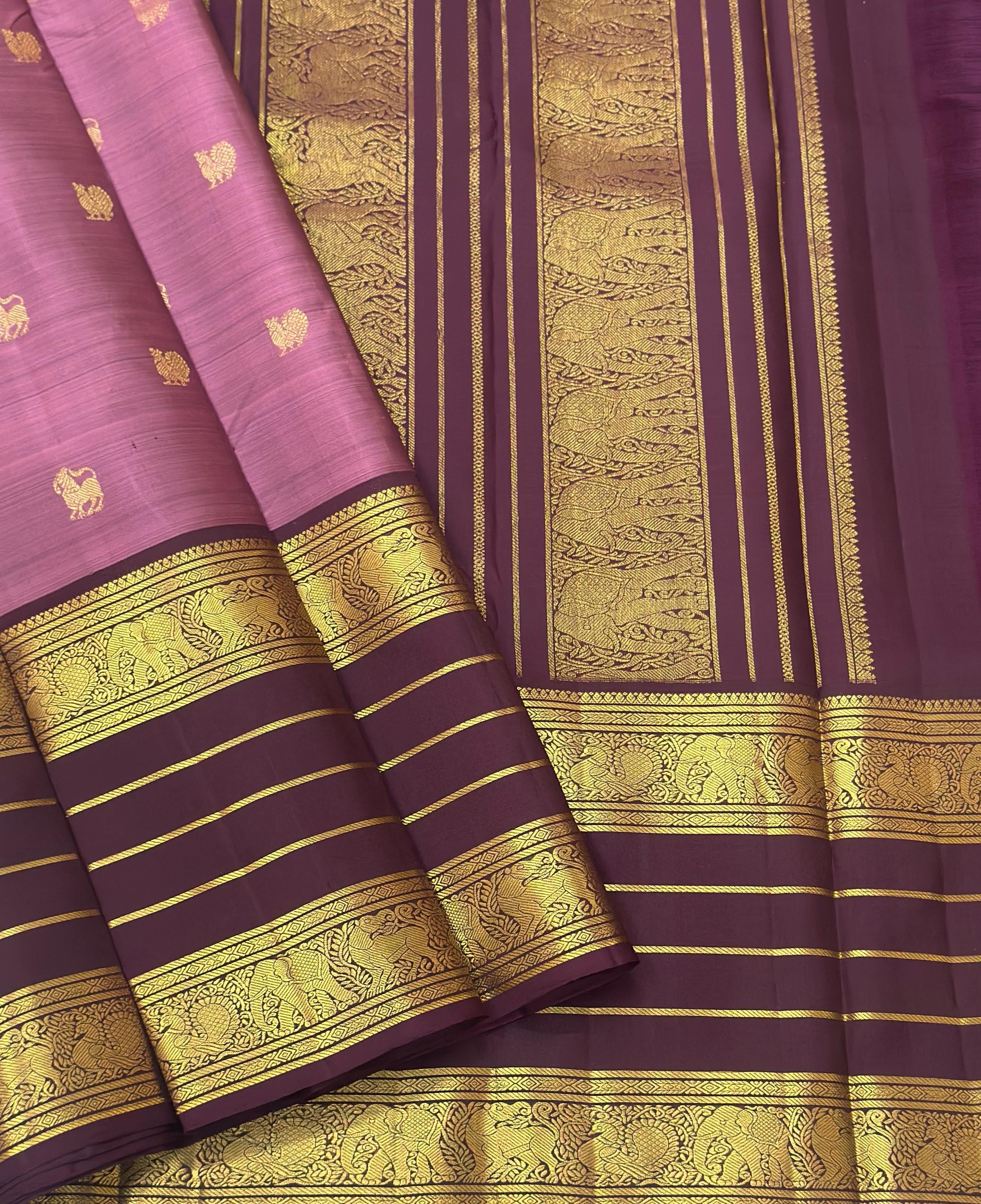 Classic Creamy Pink & Chocolate Brown 1gm Zari Elegance Kanchipuram Handloom Silk Saree SS24504