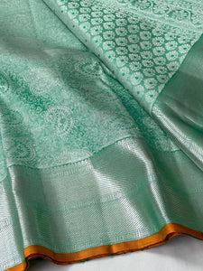 Classic Sea Green Silver 2gm Zari Bridal Elegance Kanchipuram Handloom Silk Saree SS23844